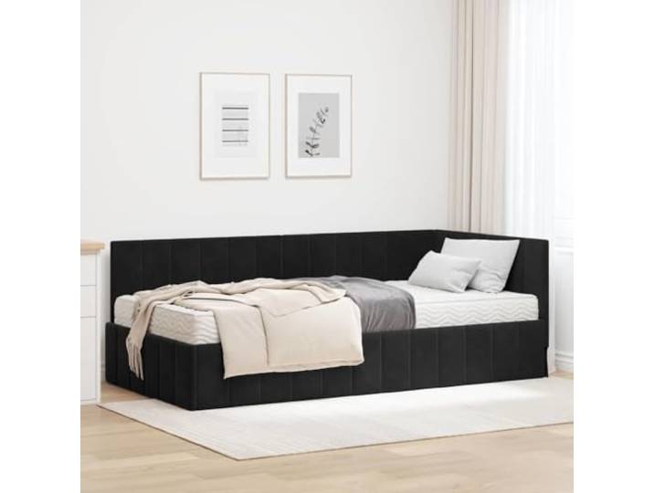 YUOTYRKTEJRSG Samt Holzwerkstoff Eckplatzierung Modern Schwarz 100 x 200 cm Eckbettgestell mit Matratze 2er Set Schwarz Samt Polsterbett inklusive Schaumstoffmatratze Lattenrost Luxus Doppelbett für