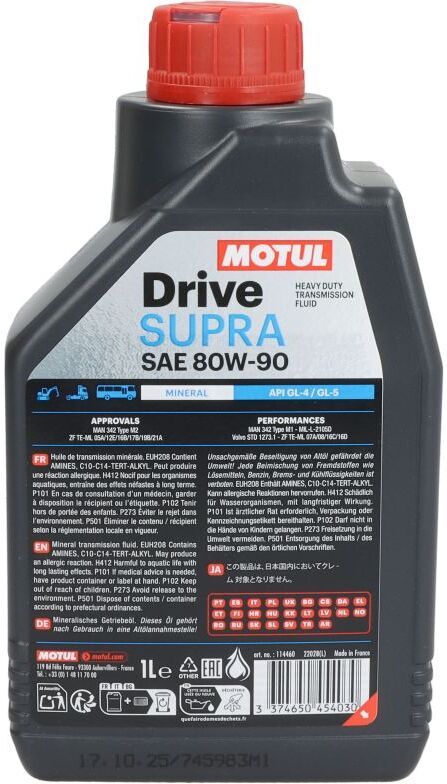 Huile de transmission MTF MOTUL 114460 DRIVE SUPRA 80W90 1L