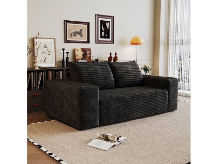 Canapé Droit Compressé 180 cm Sans Montage - MODENVIE - avec Accoudoirs Tissu Côtelé Noir