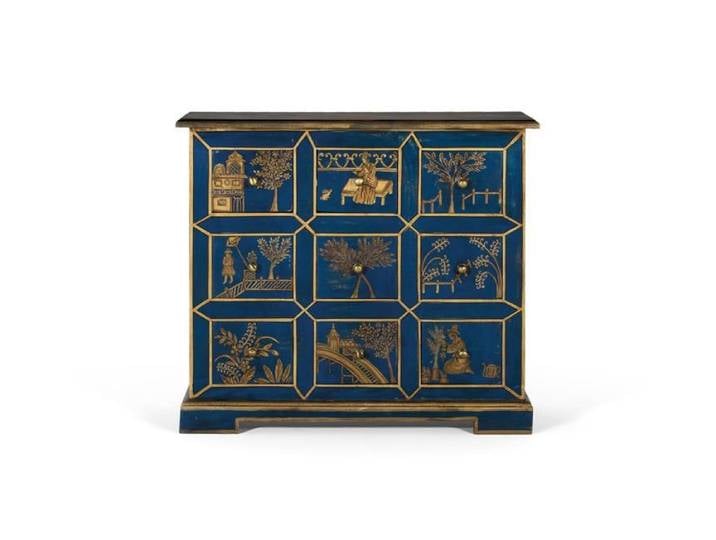 Commode - Giner y Colomer - 9 Tiroirs - Bois de Manguier - Motifs Peints à la Main - Bleu