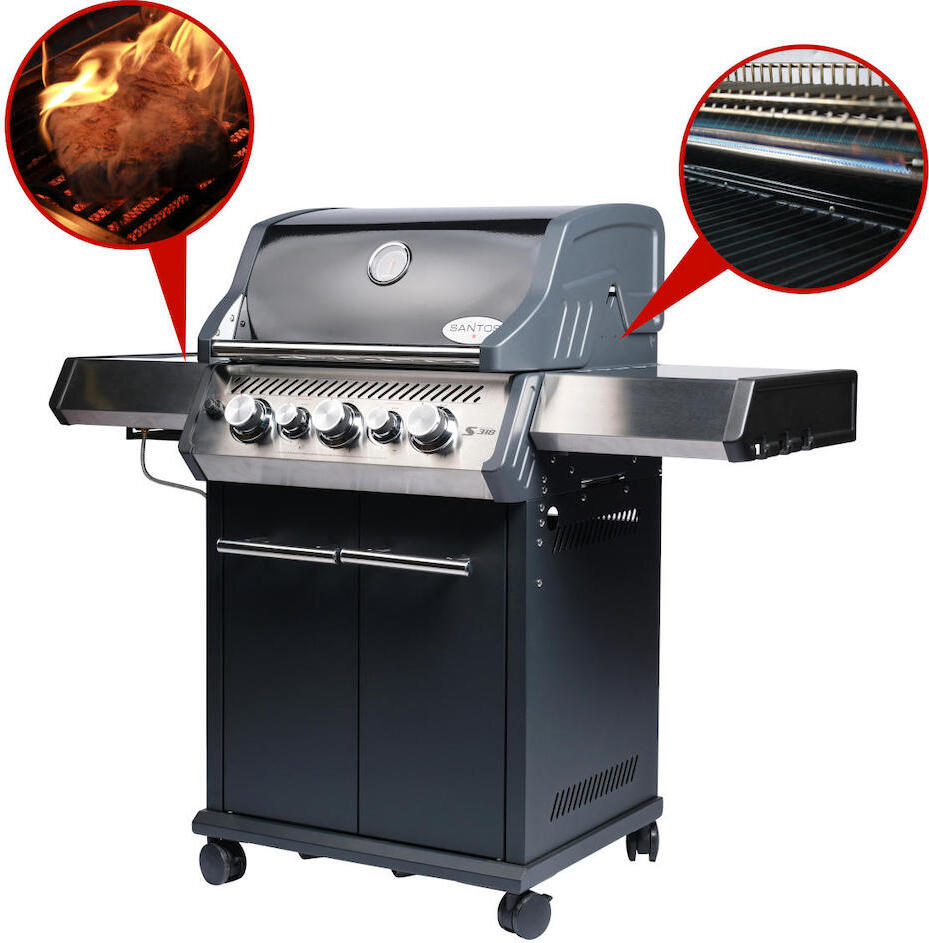SANTOS S-318 Gasgrill Schwarz mit 3 Hauptbrennern plus Infrarot-Heckbrenner und 800 Grad-Seitenbrenn