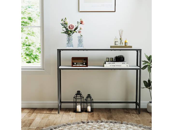 Table console Long Pine - 100 cm 100 x 81 x 20cm Blanc/Noir/Imitation marbre blanc