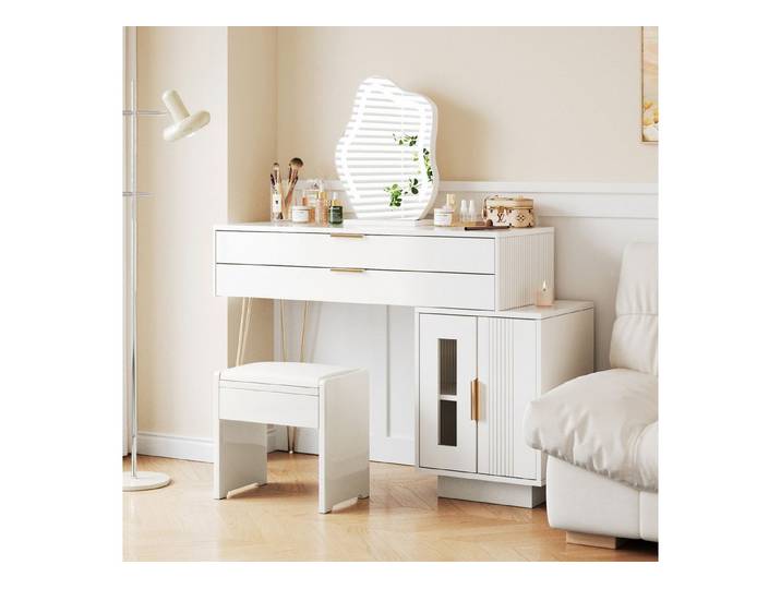 Flieks Schminktisch, Schminktisch mit LED-Spiegel und Schrank, ohne Stuhl, 100x40x78cm