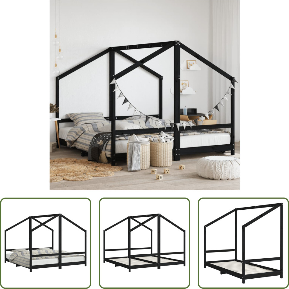 The Living Store Kinderbett Schwarz 2x(90x190) cm Massivholz Kiefer