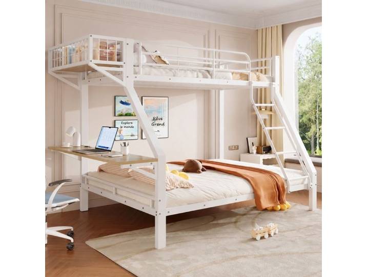 Norevia Lit superposé avec bureau métal blanc couchages 90 x 200 et 140 x 200 cm sans matelas