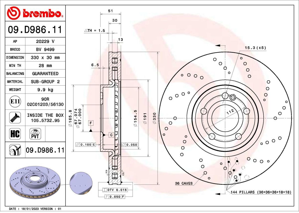 Bremsscheibe BREMBO 09.D986.11, 1 Stück