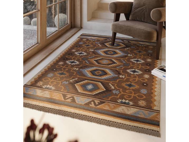 Tapis kilim laine vintage motif ethnique chic multicolore 140x200
