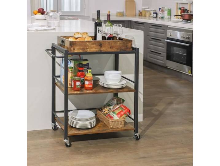 VASAGLE Desserte de Style Industriel Chariot de Cuisine Plateau Amovible avec Pieds roulettes 65 x 40 x 86 cm