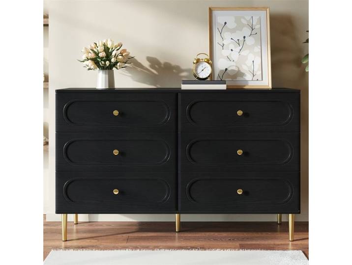 Commode de rangement - Sideboard - Buffet de rangement -Commode avec 6 tiroirs à motifs ovales et pieds en métal - Noir