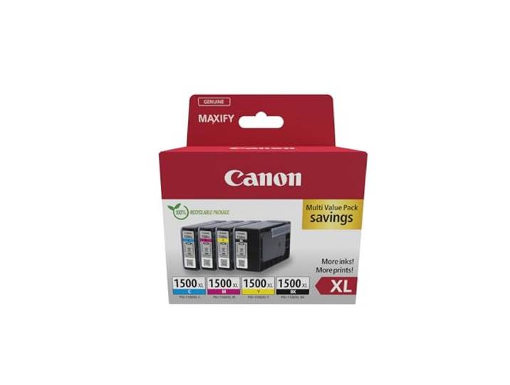 Canon PGI-1500 XL C M Y BK Pack de 4 Cartouches Capacité XL (Noir XL Cyan XL Magenta XL Jaune XL) Certifié (Carton Recyclable 2024)