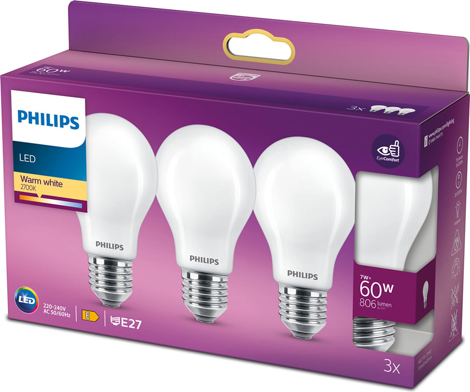 Philips LED-lampen 3-pack, 60W, Warm wit, E27