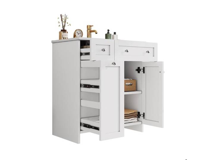 Meuble-lavabo indépendant surface laquée vasque en céramique anti-fuites tiroirs en 8 parties glissières silencieuses 76x47x86cm
