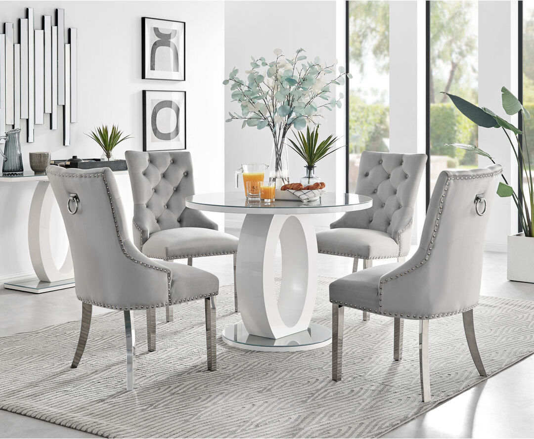 Canora Grey Scottsmoor Modern High Gloss & Glass Dining Table with 4 Luxury Velvet Dining Chairs Grey/Silver/Grey/Grey 4