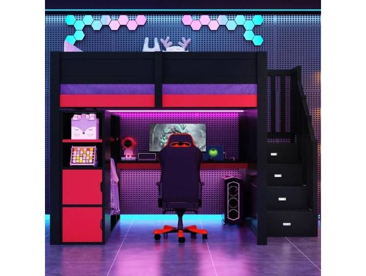 Lit superposé - KOMHTOM - Gaming 140x200 - Bureau intégré - LED & USB - Escalier 3 tiroirs