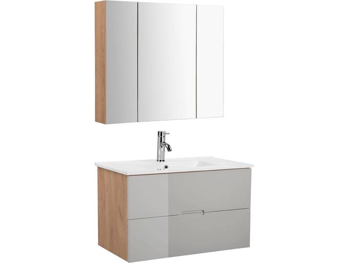 Badmöbel-Set WELLTIME Lund Badmöbel Set Badschrank Badezimmerset , grau (eiche, grau), MDF, Kastenmöbel-Sets, Badmöbel-Set, Waschtisch, Spiegelschrank und Becken Breite 80cm