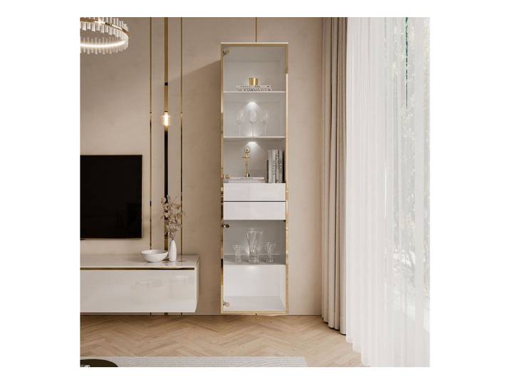 ALLHOUSE24 Vitrine PEONY Breite 45 cm Glasvitrine mit LED Beleuchtung weiß gold GLANZ (1x Vitrine) Breite 45 cm