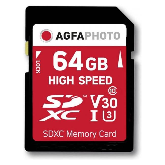 Agfaphoto SDXC Karte 64GB High Speed Class 10 UHS I U1 V30 (64 GB, SDXC, U1, UHS-I) (10428)