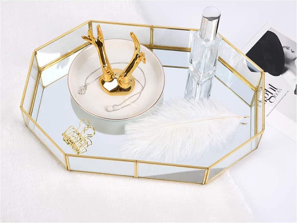 Decoratief veelhoekig glazen dienblad met metalen rand, gespiegeld dienblad voor sieraden, parfum en make-up, klein