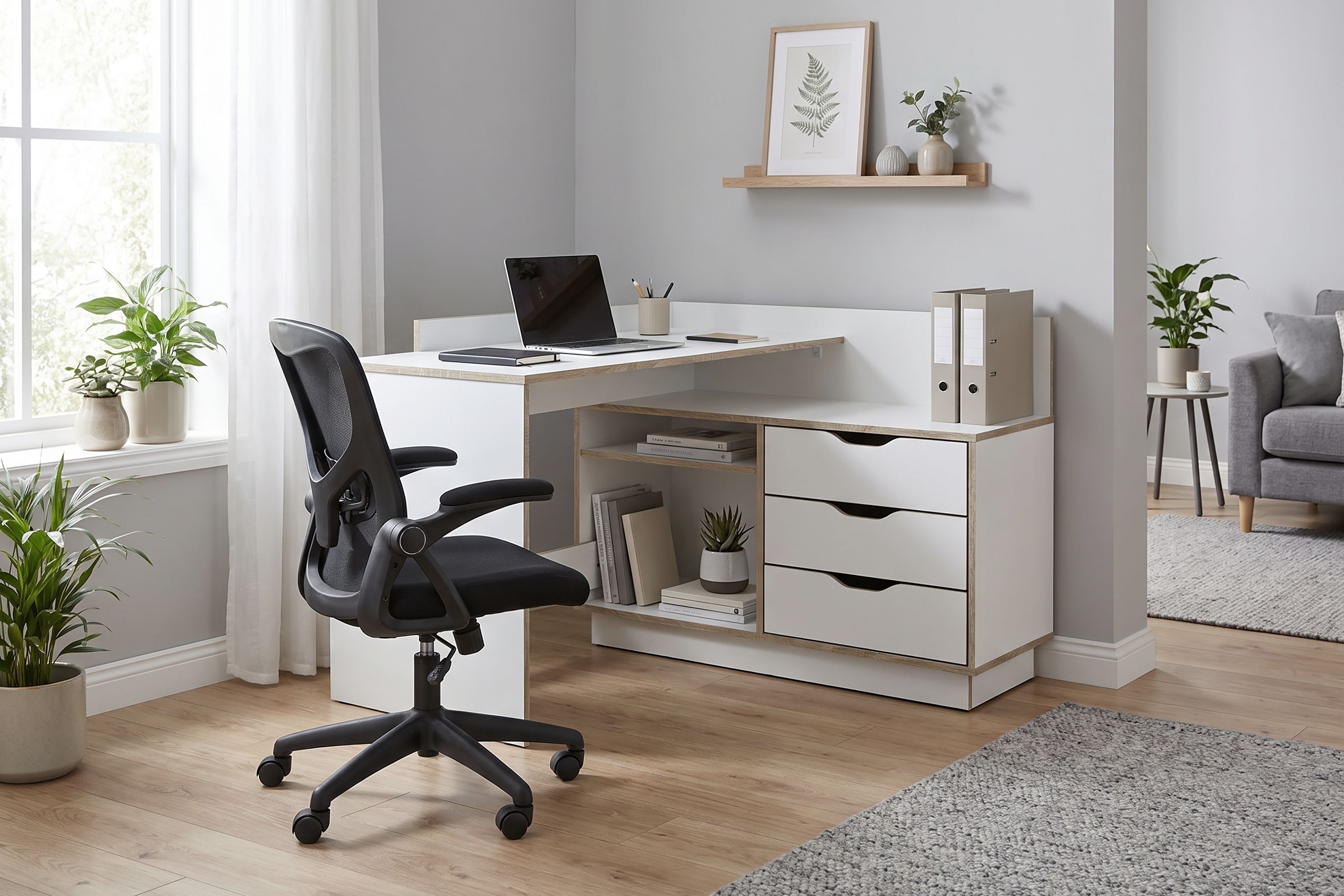 Eckschreibtisch GOODPRODUCT "Bexley", weiss (weiß, eiche sonoma, eiche sonoma, eiche sonoma), B:129cm H:83,5cm T:105cm, Tische, Eckschreibtisch, mit viel Stauraum, Breite 129 cm, rechts oder links montierbar weiß, eiche sonoma, eiche sonoma, eiche sonoma 