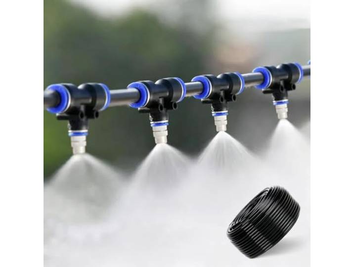 Tropfbewässerungssystem Nebelkühlsystem-Set für Die Veranda 8-mm-Schläuchen Nebelkühlsystem mit Schnellverschluss zur Staubbindung, Mobiles Sprühbewässerungssystem mit Sprühdüsen und Wasserfilter