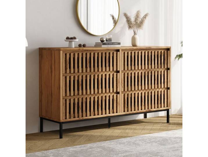 Buffet 120x40x81cm 6 Tiroirs Design Latté - Buffet Salle À Manger - Bois Naturel 5 Pieds Noirs Rangement Optimal Surface Lisse