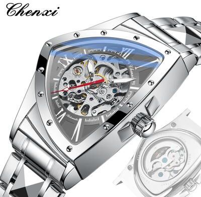 Youfap Market Premium Triangle Skeleton Men Mechanical Watch With Luminous Stainless Steel Strap silver