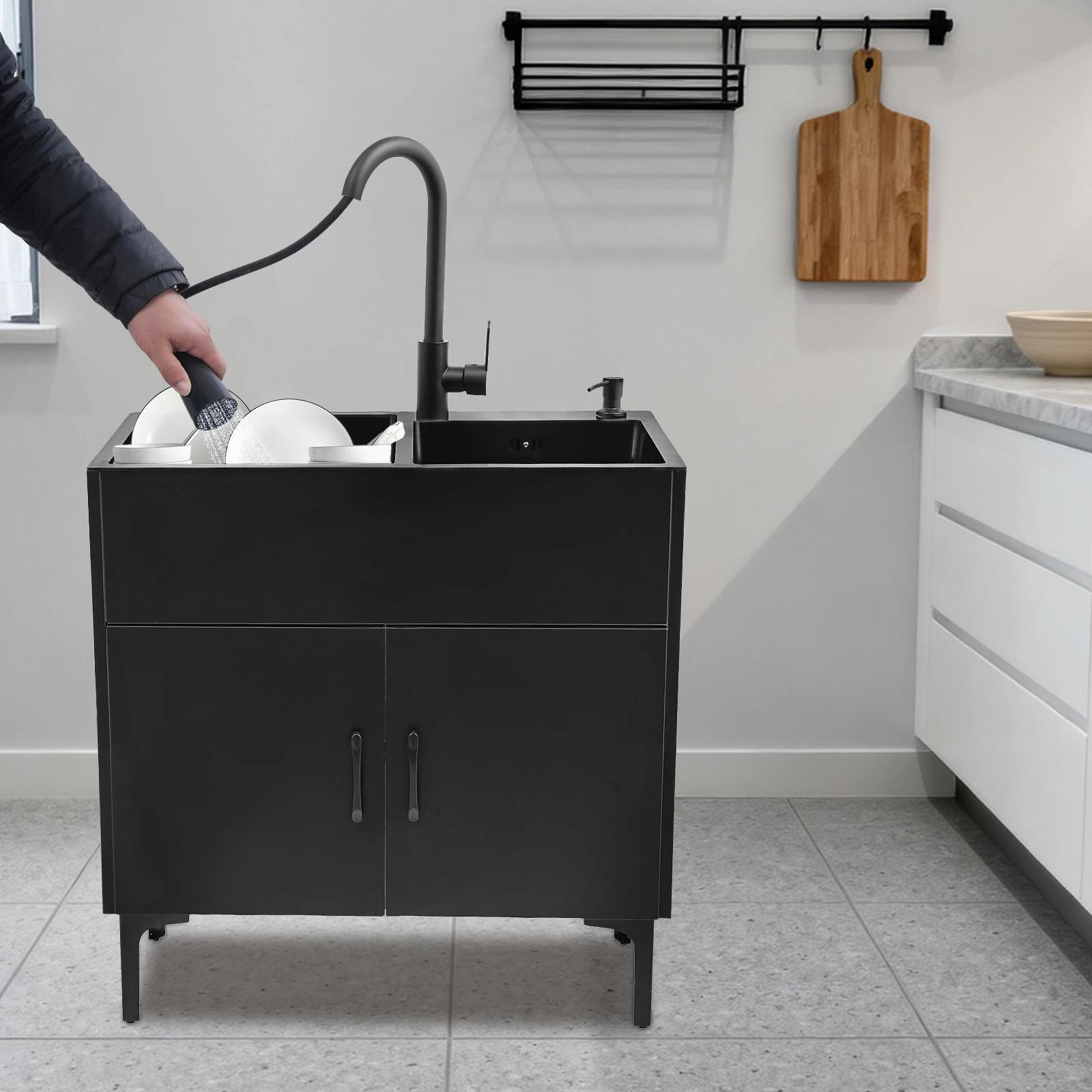 Spülenschrank - Spülbecken 75 x 41 cm - Doppelbecken - Edelstahl - Mit ausziehbarer Armatur - Freistehend - Schwarz