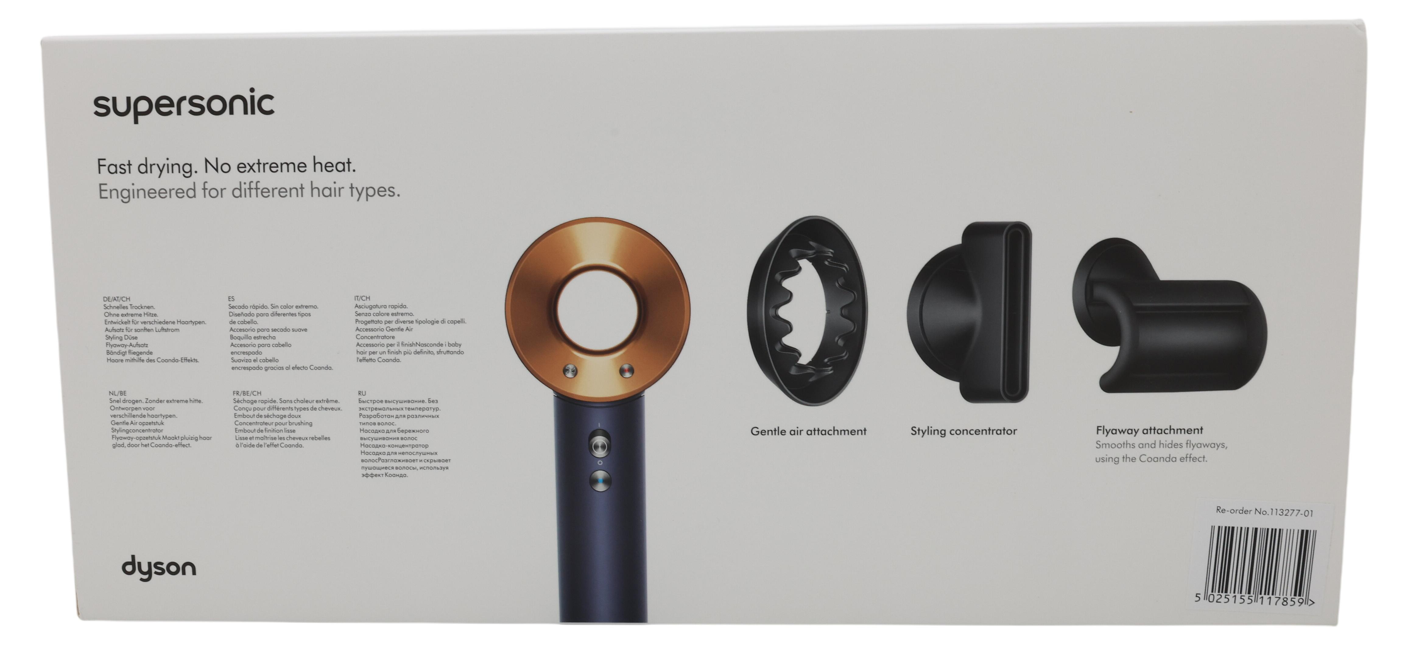 Dyson Supersonic, 13,3 l/s, 100 °C, Blau, Kupfer, 2,62 m, Tasten, Schieber, Malaysia