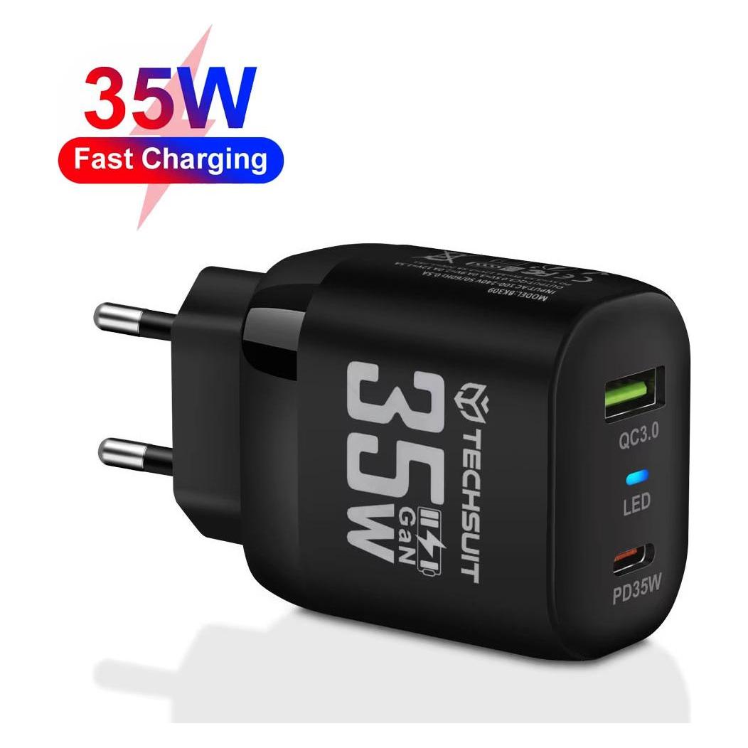 Techsuit - Premium Wall Charger (CHPD174) - GaN, USB QC3.0, Type-C PD35W - Black (35 W) (56365402)