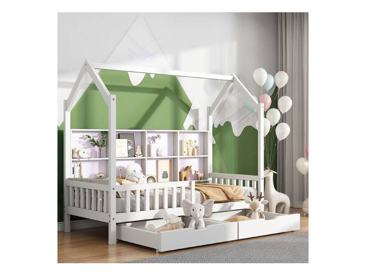 Flieks Kinderbett, Einzelbett Ablageregal 2 Schubladen Massivholz 90x200cm