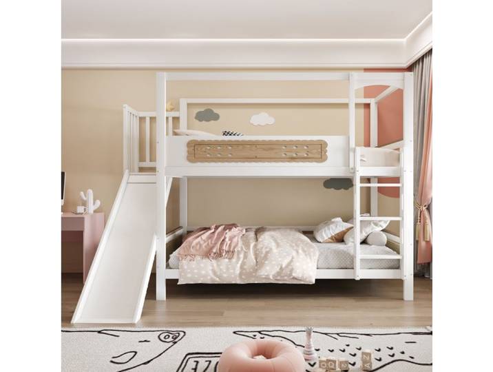 Lit superposé enfant en bois avec cadre maison toboggan et large échelle