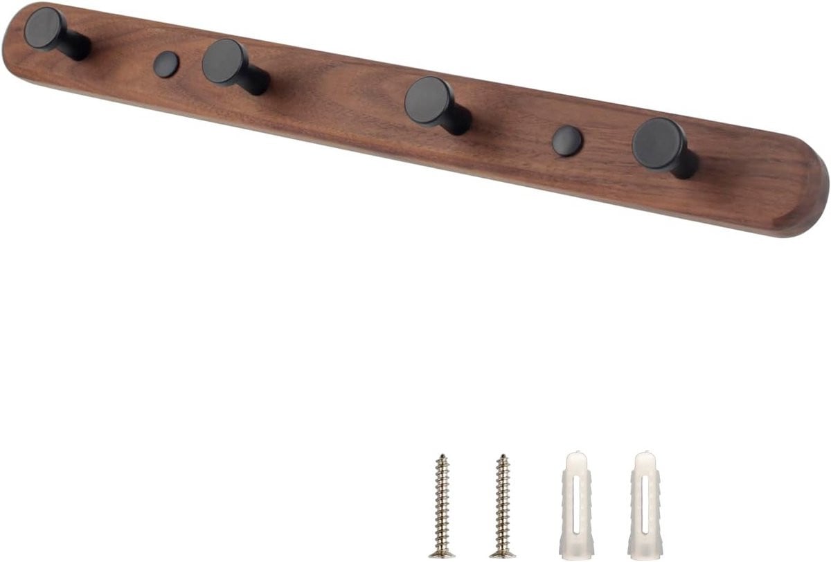Houten Wandkapstok met 4 Zwarte Haken - Modern en Stevig