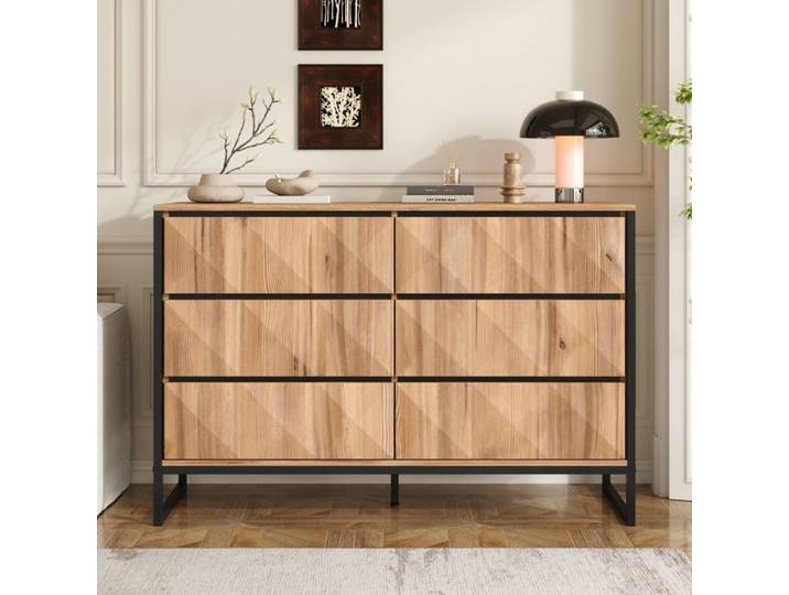 Buffet 130cm avec Pieds Centraux Commode 6 Tiroirs Façades à Design Géométrique 3D
