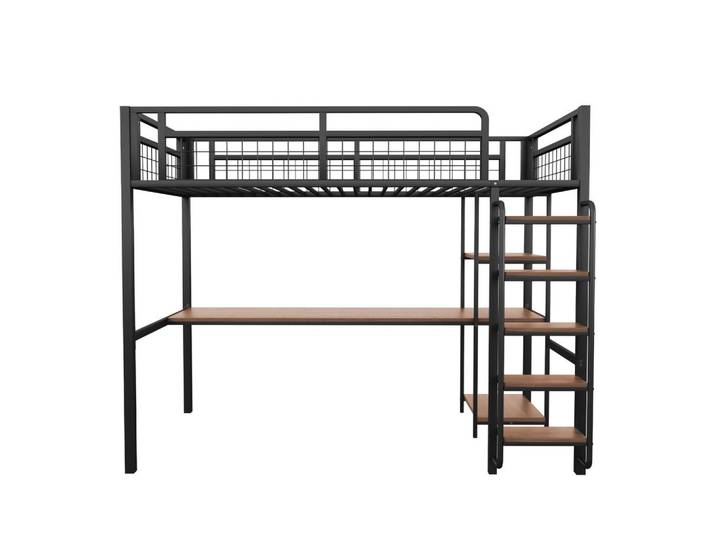 Oxeza Hochbett 90/200 cm Schwarz mit Treppenstufen, Tisch und Regalen, Metall, Rechteckig, 90x200 cm, Babymöbel & Kindermöbel, Kinderzimmer & Jugendzimmer, Kinderbetten, Hochbetten