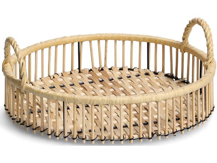 Tablett ZELLER PRESENT, beige (natur), H:12,5cm Ø:32cm, Metall, Rattan, Tabletts, Tablett, Ø 32 cm