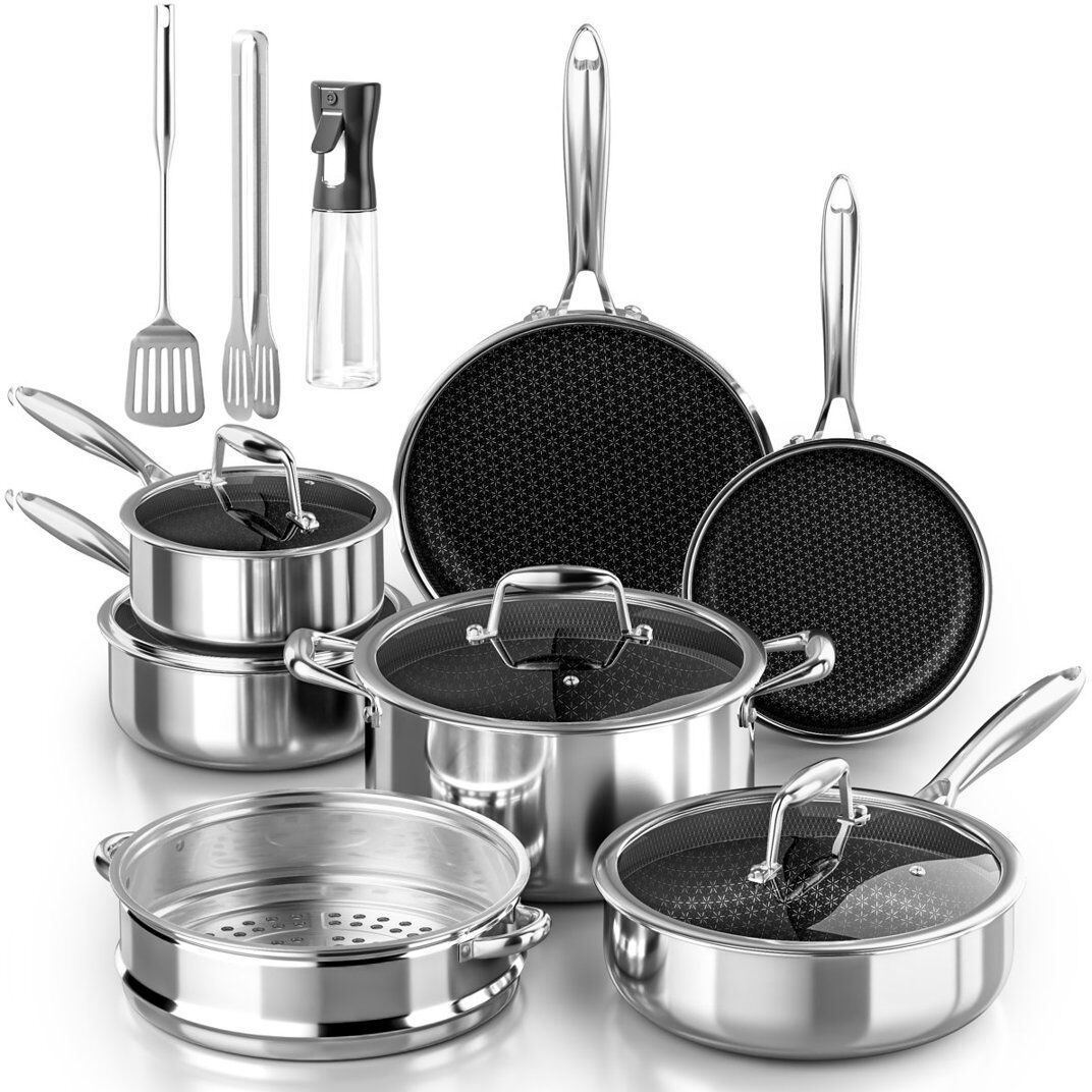 Belfry Kitchen 14 - Piece Non-Stick Stainless Steel Cookware Set Black 14