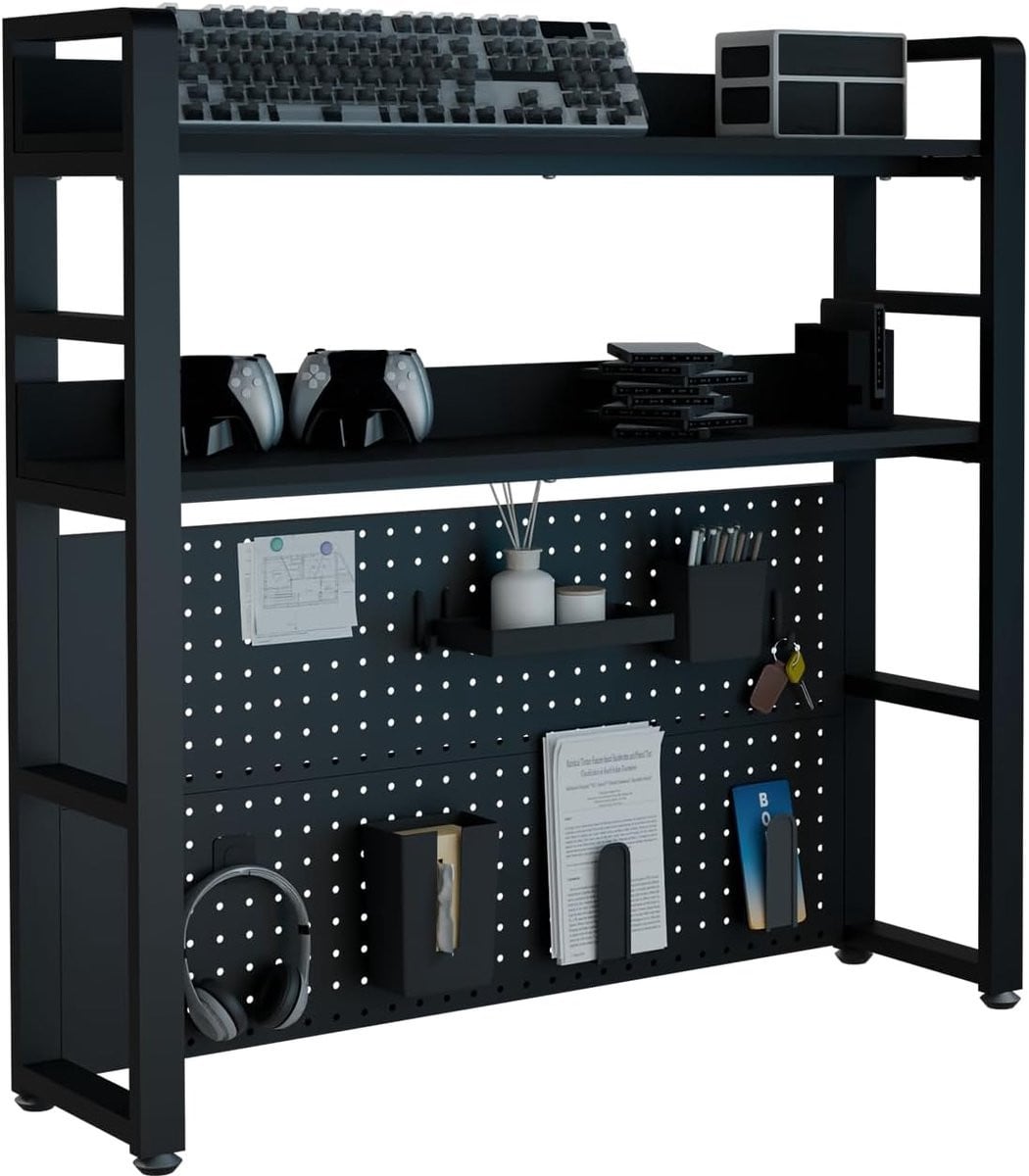Zwarte 2-laagse desktop organisator met pegboard en verborgen schroeven, Breedte: 95 cm