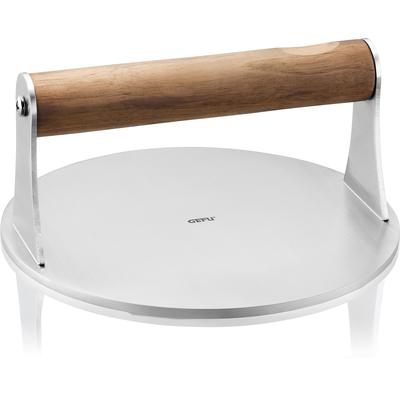 Burgerpresse GEFU "Smash-Burgerpresse BBQ mit rutschfestem Walnussholzgriff", silberfarben, braun, T:7,5cm Ø:16cm, Edelstahl, Holz, Küchenpressen, glatte Antihaft-Oberfläche, optimale Hitzeverteilung, Ø ca. 16 cm