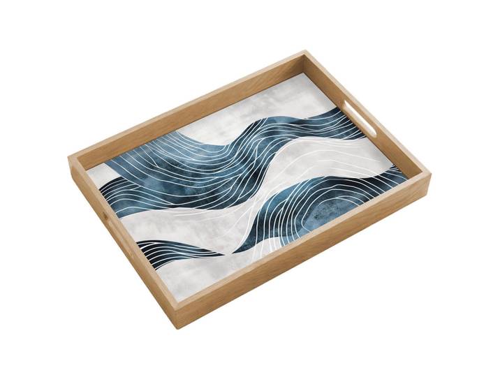OnlyWow Tablett - Linien - Wellen - Abstrakt - Grau - 50x35 cm, Blau, Holz, Echtholz,Eiche, Rechteckig, 50x5x5 cm, Geschirr, Tischkultur & Serviergeschirr, Tabletts