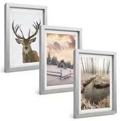 BILDER SET 3er Set - 20x30 cm Silberner Rahmen - Hirschhütte in Winterlandschaft