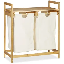 Relaxdays Wäschekorb Bambus, Wäschesortierer mit Ablage, 2 Fächer, ausziehbar, tragbarer Wäschebehälter, 60 Liter, natur