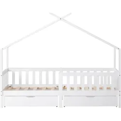 STILVORA Hausbett Kinderbett aus Massivholz Weiß 90x200 cm mit 2 Schubladen und Zaun