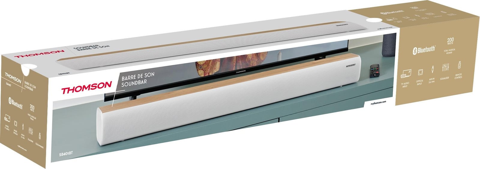 Thomson SB401BT Bluetooth Soundbar geluidssysteem, wit en bruin hout