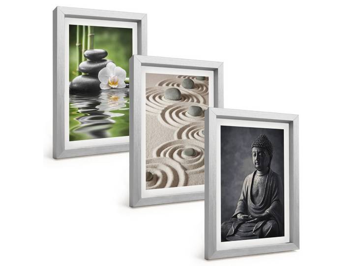 BILDER SET 3er Set - 20x30 cm Silberner Rahmen - Entspannender Blick auf den Zen-Buddha