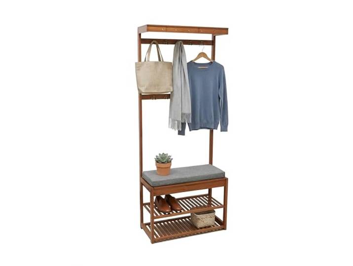Relaxdays Garderobenständer, Sitzbank, 2 Schuhablagen, 10 Haken, braun