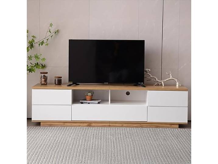 FammyLoft TV-Schrank mit Holzmaserung, Farbblock-TV-Lowboard in Weißer Ausführung, Modern TV Stand und Fernsehschrank mit Schränken, Vorratsschrank, Fernseher Tisch, Holzfarbe und Weiß