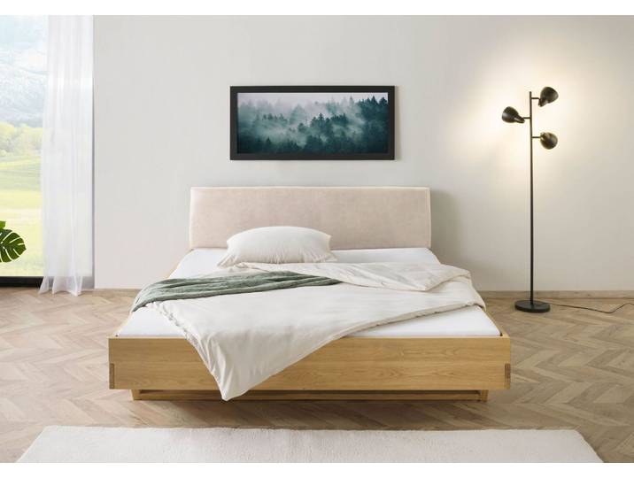 Bett Fichte 140x200x85 natur gebeizt / geölt, Kopfteil beige FICHTELBERG #137