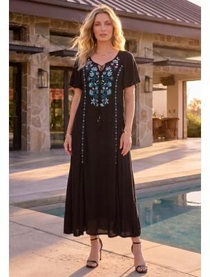 Plus Size Women's Plus Size Flutter Sleeve Hand Crinkled Maxi Dress - Curvy A-Line by Roaman's in Black Mandevilla Vines (Size 26/28)