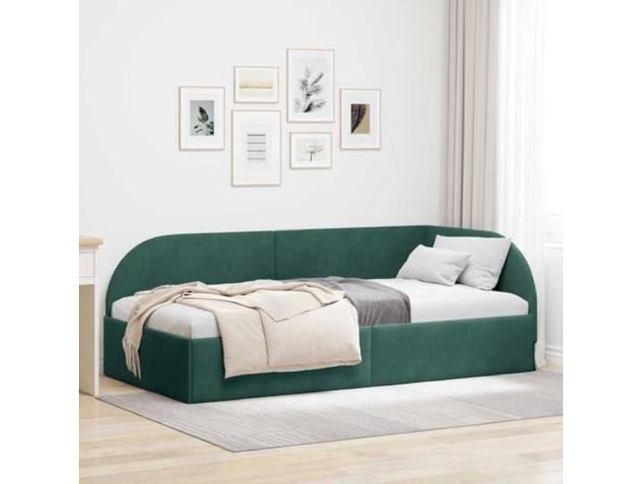 Samt L Design platzsparend Eckbettgestell Dunkelgrün 80x200 cm Eckbettgestell mit Kopfteil Dunkelgrün 80x200 cm Samt Schlafsofa L-Form mit Lattenrost Platzsparendes Gästebett
