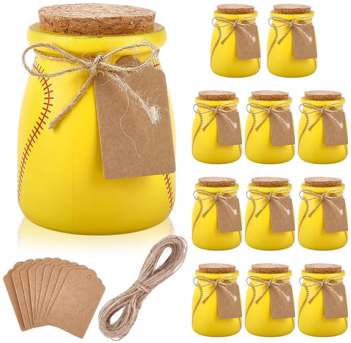 Dailygoods Set van 12 Glazen Potten met Kurkdeksel en Honkbalprint Decoratie, 100 ml